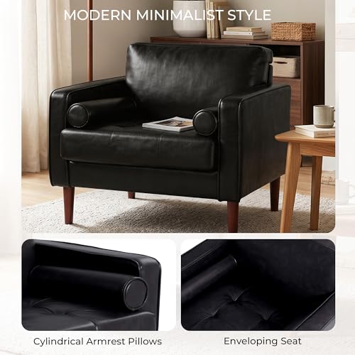 Image of Faux Leahter Accent Chair, Comfy Upholstered Armchairs for Living Room, Modern Bedroom Reading Seat with 2 Bolster Pillows, Black