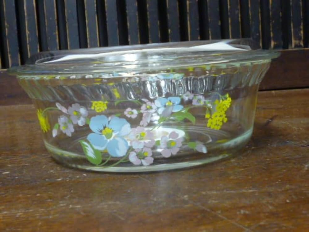 昭和レトロ PYREX IWAKI 耐熱 ガラス 容器 蓋つき 花柄 フラワー