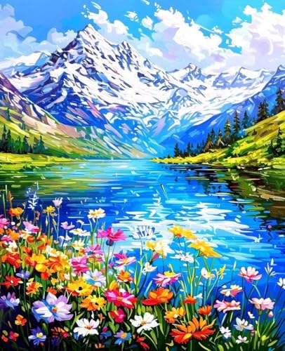 数字油絵 山 数字キットによる絵画 花 Paint by Numbers DIYペイント 大人の 初心者 子供用 簡単に塗れる アクリル水彩絵の具 手芸 画材 手工芸 キット 3つのペイントブラシと1つのセットのアクリル顔料を使用 ホーム オフィス装飾 G