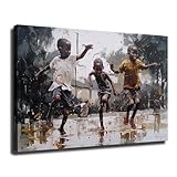 African Children Playing in Rain Wall Art, Black African Kids Playing Wall Decor, African American Wall Art For Living Room Ready To Hang (Framed,16×24-inch)