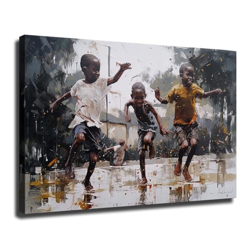 African Children Playing in Rain Wall Art, Black African Kids Playing Wall Decor, African American Wall Art For Living Room Ready To Hang (Framed,16×24-inch)