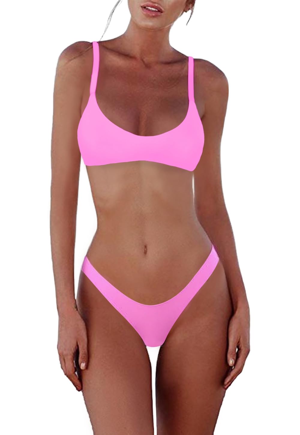 SherryDC Women's Solid Scoop Neck Push Up Padded Brazilian Thong Bikini Swimsuit Bathing Suit