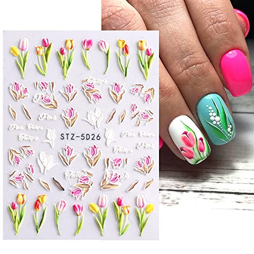 Zeyer 8 Sheets Nail Art Stickers 5D Self-Adhesive Color Flower Rose Tulip Pattern Spring Summer Nail Decals Nail Art Supplies Women Nail Decorations #TOP2
