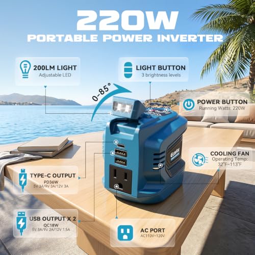 Image of Ecarke 220W Portable Power Inverter Compatible with Makita 18V Battery (Tool Only), DC 18V to AC 110V Power Station with 1 AC Outlet, 2 USB-A, 1 Type-C & LED Light for Camping Outdoor Emergency