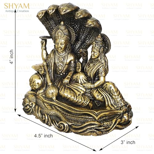 Image of 4 inch Brass Set of Lakshmi Vishnu Ji Sitting On Sheshnag Murti Maa Laxmi Vishnu Resting Idol Lakshmi Narayan Statue for Home Temple Diwali Puja
