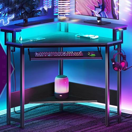Small Corner Desk with Power Outlet and LED Lights, Triangle Corner Gaming Desk with Keyboard Tray, Compact Home Office Triangle Table for Small Spaces, Home Office, Black