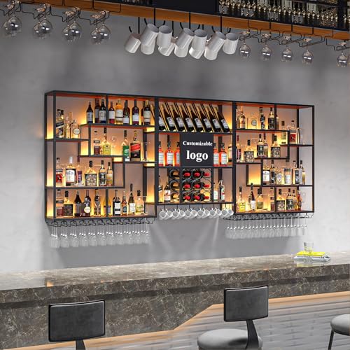 Estante de vino multifuncional montado en la pared con luz LED, estante flotante grande para exhibición de licor y whisky, sostiene copas de vino, elegante estante de metal para cocina (negro, 3