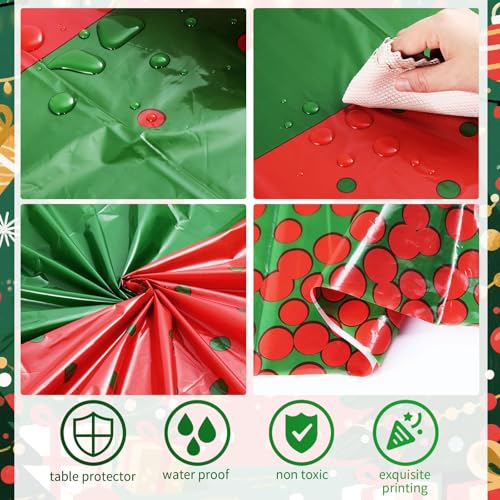 Image of Oudain 6 Pcs Red and Green Tablecloth for Parties Plastic Dot Tablecloths Printed Table Runner Waterproof Disposable Rectangle Table Cover for Christmas Birthday Wedding Party, 54 inch x 108 inch