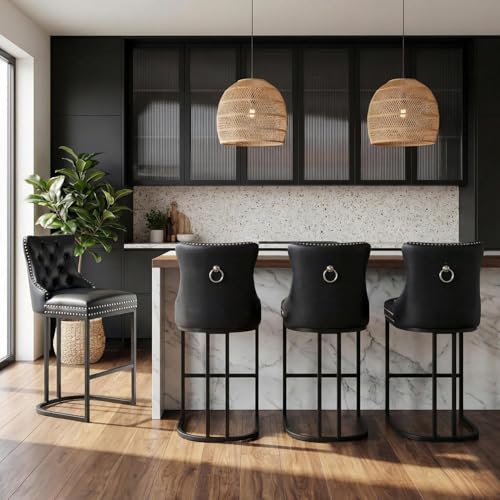 Image of UVV Counter Height Bar Stools Set of 3, 26 inch Modern Barstools with Back, Faux Leather Upholstery Counter Chairs with Metal Legs for Kitchen Island, Bar, Counter, Black