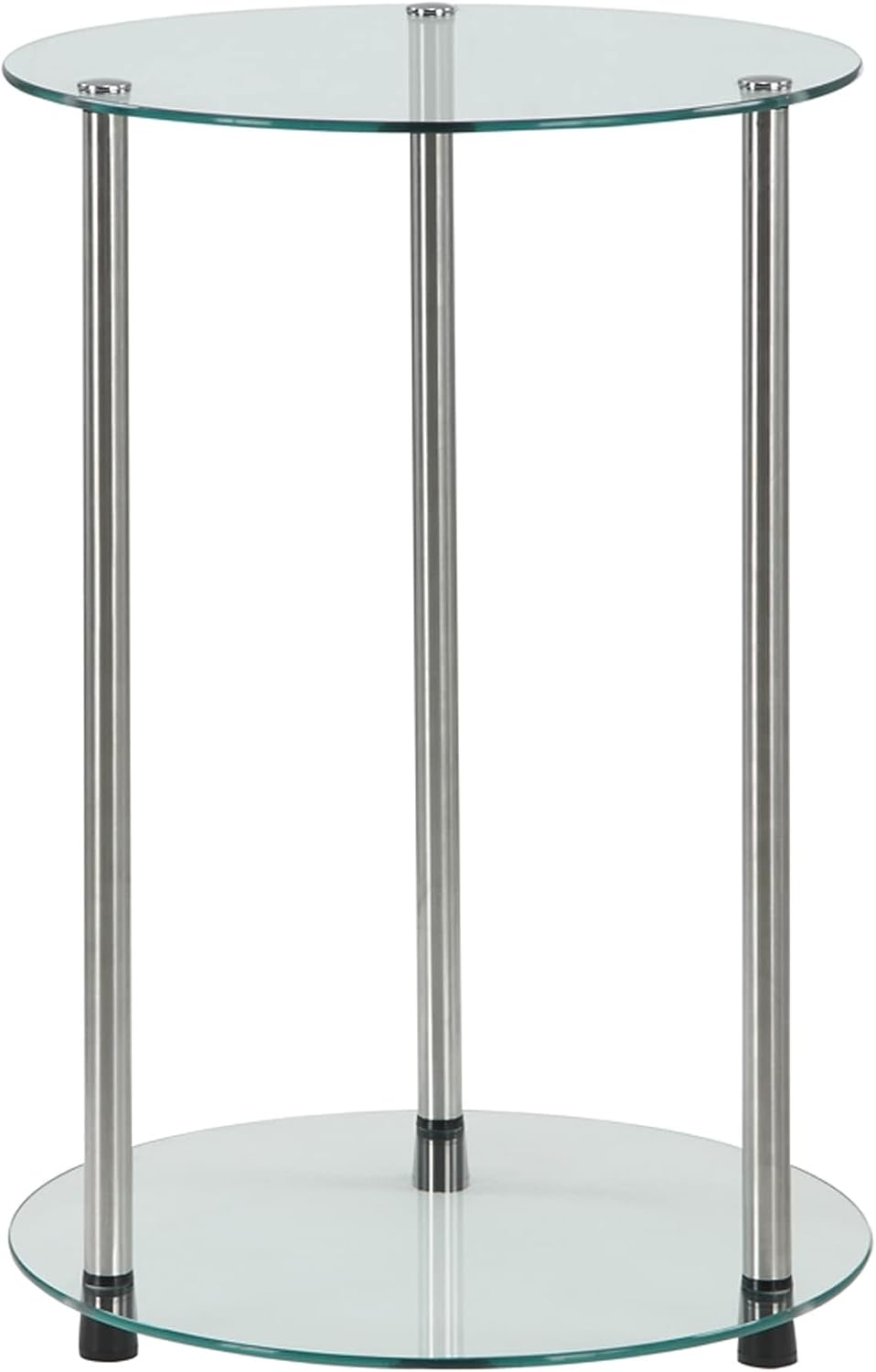 Pemberly Row Round Modern Glass Metal End Table, Clear Chrome Finish, 24.5 x 15.75 in, Tempered Glass Shelves, 2-Tier Design, Durable Stainless Steel Poles, Living Room Furniture