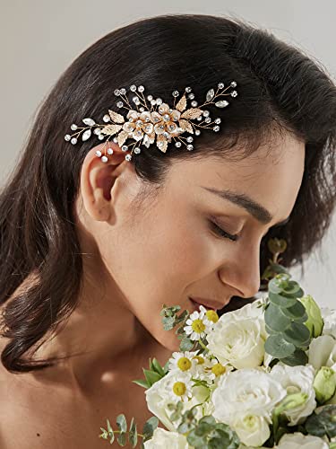 Sweetv Flower Bride Wedding Hair Comb Pearl Bridal Hair Accessories Crystal Hair Piece Jewelry Leaf Gold Headpiece Rhinestones Handmade Wedding Hair Accessories For Women And Girls #TOP3
