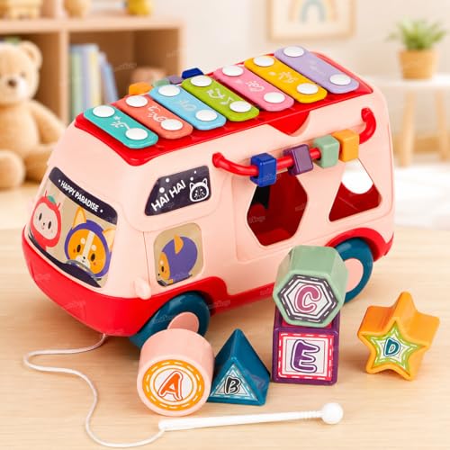 Image of Zest 4 Toyz Musical Bus Toy for Kids Xylophone Piano Keyboard with Shape Sorter Blocks Musical Toy for Kids Activity Learning Educational Toys Musical Instrument for Toddlers Boys Girls 18 Months+