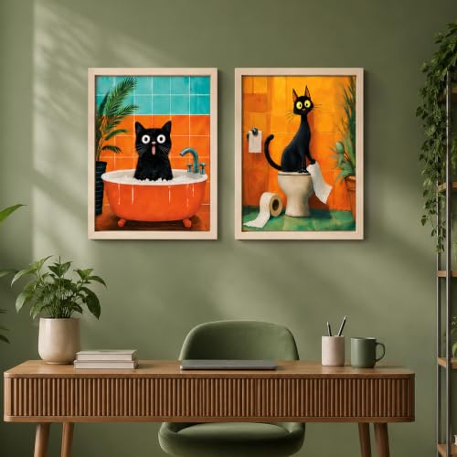 Image of PAINTINGMANTRA Quirky Black Cat Bathroom Wall Art Painting For Living Room, Whimsical Bathtub Framed Painting, Cute Aesthetic Cat Framed Wall Art for Bathroom, Restroom & Washroom Decor, 9x13 Inch