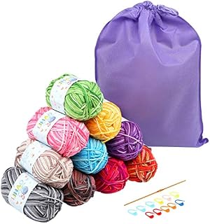 LIHAO 10 x Crochet Yarn Multi-Coloured Acrylic Cotton Knitting Yarn Skeins with Storage Bag - 50g/Roll