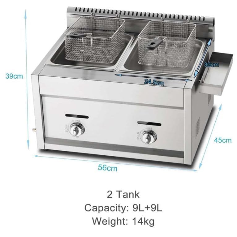 Freidora de gas GLP de doble cubeta | Freidora profunda de acero inoxidable de 9 L x 2 L con cubierta de cesta y manguera de gas de metal para restaurante y cocina en casa