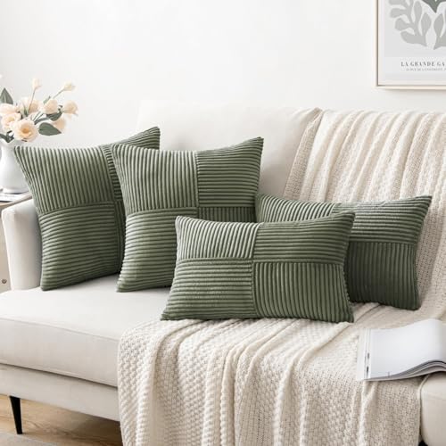 Image of MIULEE Light Olive Green Decorative Throw Pillow Covers 18x18 Inch for Couch Bed Sofa Pack of 2 Boho Farmhouse Throw Pillows Soft Cross Corduroy Patchwork Textured Cushion Cases