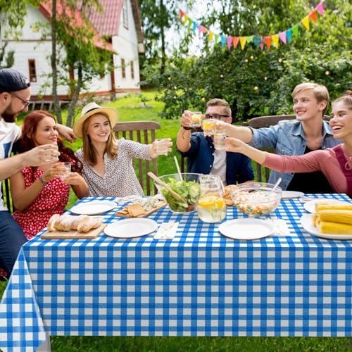 Image of 12 Pack Blue and White Plastic Checkered Tablecloth, Premium Decorative Disposable Blue Gingham Plaid Table Cloths for Parties, Rectangle Party Table Cover for Picnic Farm Birthday Wedding, 54x108Inch