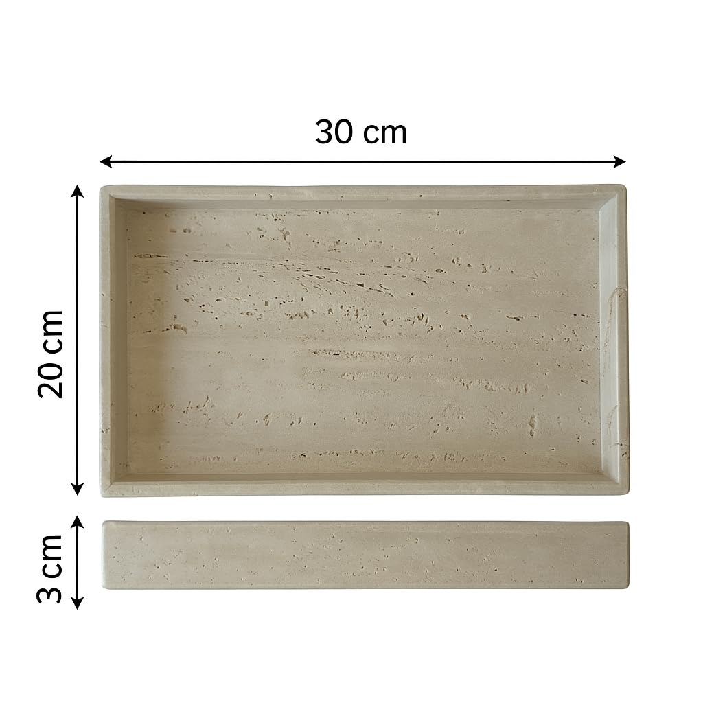 Kalu Creations Bandeja de Travertino Natural 30 x 20 x 3 cm | Elegante bandeja rectangular de almacenamiento, base para baño, cocina, salón y mesa | Diseño artesanal Made in Italy