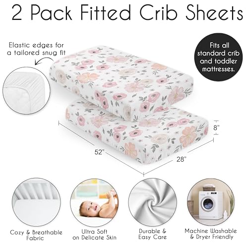Image of Sweet Jojo Designs 2-Piece Baby Crib Sheets Set (Pink /Grey Boho Floral) for Girls, Infant Nursery, Toddler Room - Standard Size (Blush Rose, Gray, Watercolor, Bohemian, Flower, Farmhouse, Shabby Chic)