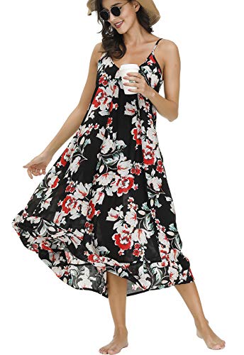 BUENOS NINOS Women's V Neck Floral Maxi Dress Boho Printed Adjustable Spaghetti Strap Ethnic Beach Long Dress with Pockets XXL Black Flower Dress
