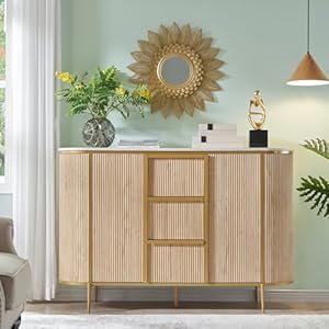 OKD Modern 54 Fluted Sideboard Buffet Cabinet Buffet Table Coffee Bar Wine Bar Storage Console Cabinet for Dining Room Living Room Hallway Natural Oak
