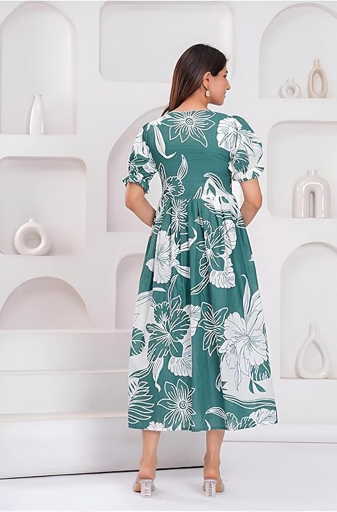 Image of Women's Pure Cotton All Over Printed Maternity Feeding Kurti | Floral Print Maternity Gown Green