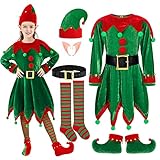 SOMSOC 6 Pack Girls Christmas Elf Costume Set Velvet Dress with Elf Hat Shoes Ears Belt Striped Over Knee High Socks