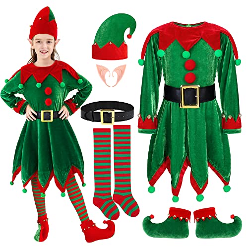Somsoc 6 Pack Girls Christmas Elf Costume Set Velvet Dress With Elf Hat Shoes Ears Belt Striped Over Knee High Socks #TOP4