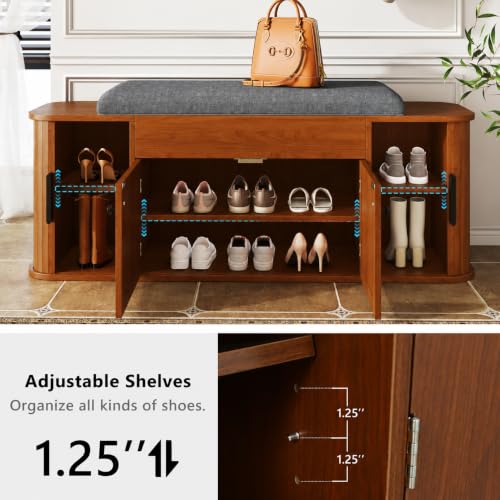 Image of Einhomn 47.2 inch Shoe Storage Bench with Cushion, Sliding Door Entryway Bench with Lift-Top Hidden Storage and Adjustable Shelf, Wooden Shoe Cabinet for Hallway, Bench for Bedroom End of Bed, Walnut