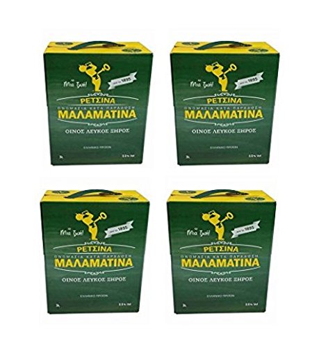 4x3 L Retsina Malamatina Bag in Box mit Zapfhahn geharzter Weißwein aus Griechenland - griechischer traditioneller Weiß Wein mit Harz im Karton 4er Pack Spar Set + 2x2g Probiersachet Frappe