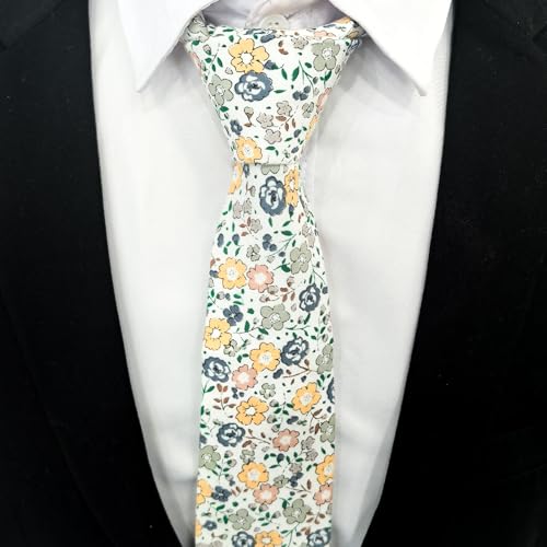 Image of Cotton Floral Ties for Men 2.76 inch Men's Skinny Tie Linen Flower Printed Neck Tie for Wedding Dating Party