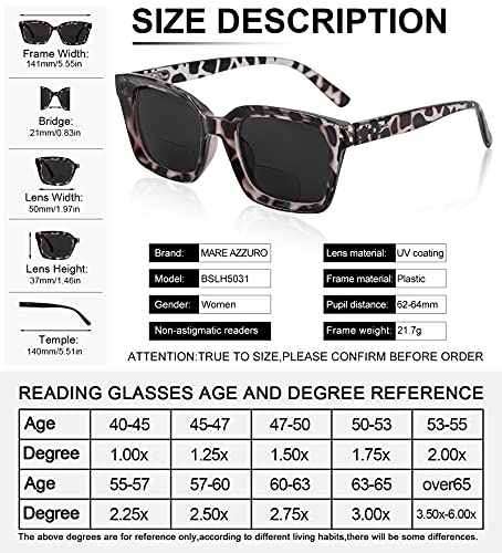 Mare Azzuro Bifocal Reading Sunglasses Women Trendy Large Square Readers Sunglasses 1.0 1.5 2.0 2.5 3.0 3.5 4.0 (Leopard, 2.50) #TOP4