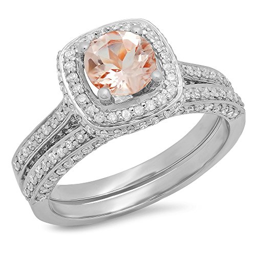 Dazzlingrock Collection 6.2mm Round Morganite & White Diamond Split Shank Halo Engagement Ring Set for Women in 14K Solid Gold