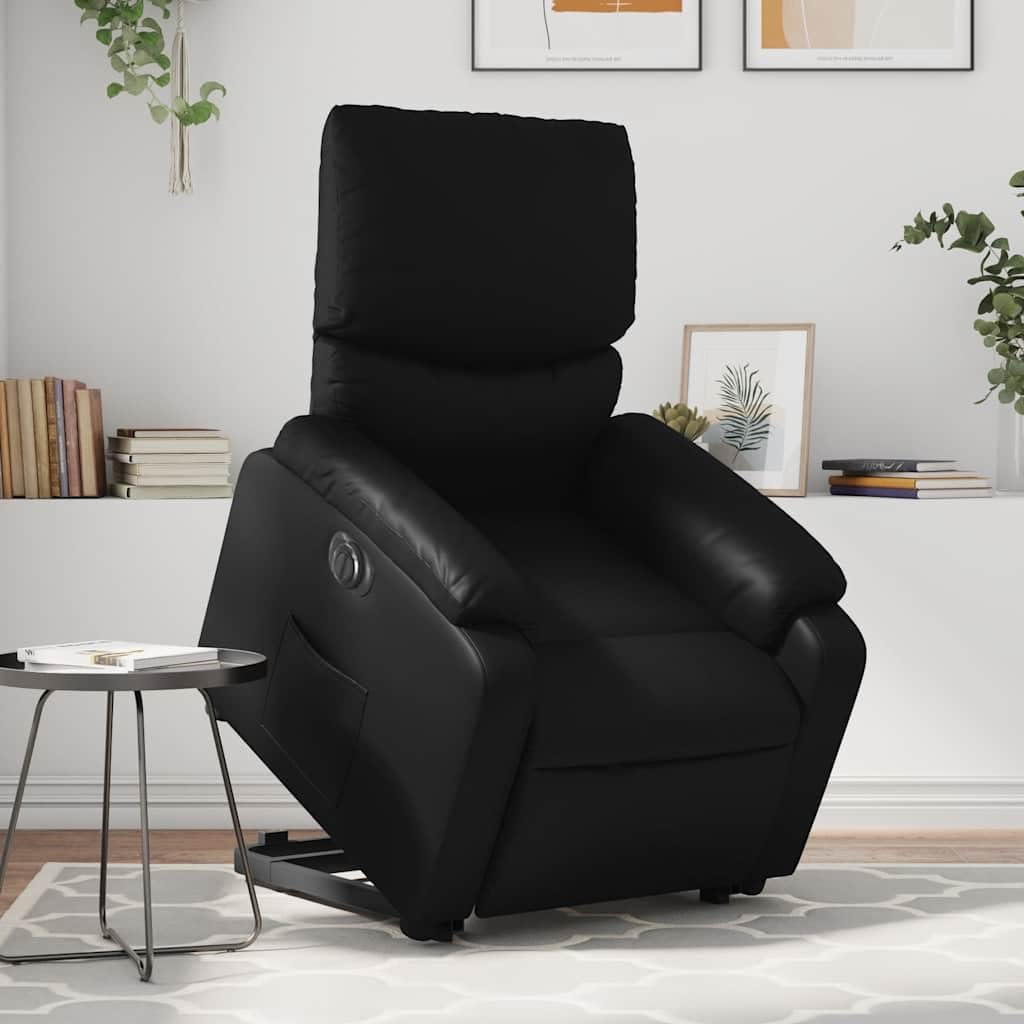 Sillón elevador reclinable eléctrico de piel sintética negra con función de elevación e inclinación a 135 grados, estructura estable y bolsillo lateral, asiento cómodo para adultos