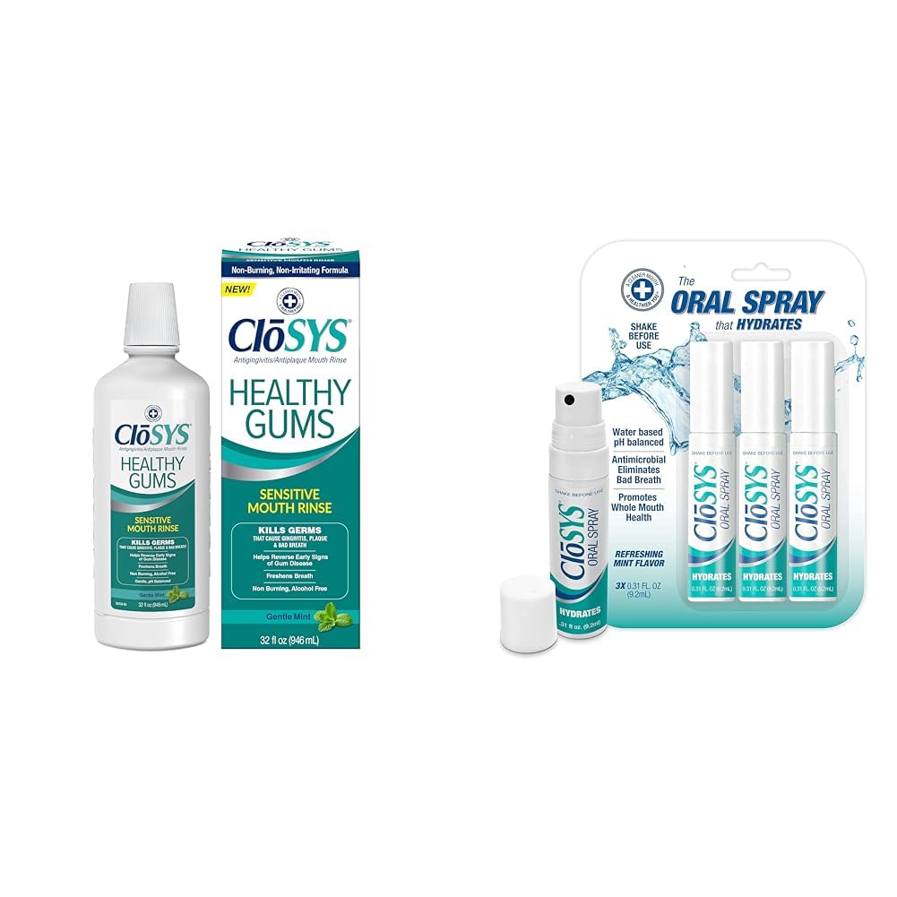 CloSYS Healthy Gums Oral Rinse Mouthwash 32 Fl Oz & Oral Breath Spray, 0.31 Ounce