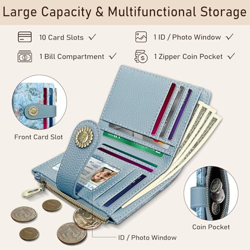 Image of Kelvoris Sea Turtle Small Rfid Women Wallet Bifold Zipper Coin Pocket | PU Leather Compact Cash Credit Card Holder Travel Purse for Female Ladies Teen Girls 1 ID Window 10 Card Slots