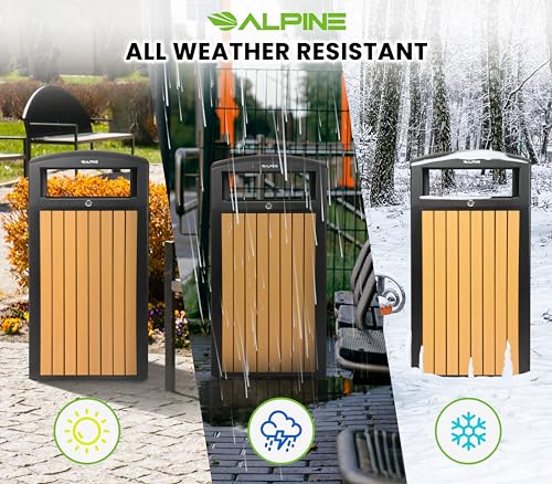 Image of Alpine 40 Gallon Commercial Outdoor Trash Can with Lid - Modern Heavy Duty Large Outdoor Garbage Can with Durable Plastic Bin, Slatted Recycled Plastic Panels for Parks, Trails & Resorts (CD)