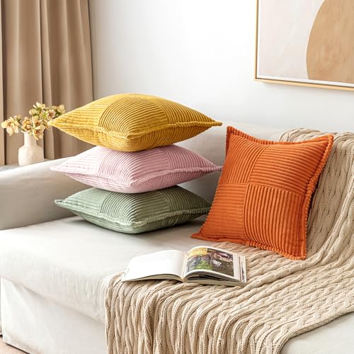 Image of MIULEE Spring Decorative Throw Pillow Covers for Couch Bed Livingroom 20x20 Inch Set of 2 Pink Boho Accent Throw Pllows Broadside Striped Patchwork Soft Corduroy Pillowcases Valentine Decor