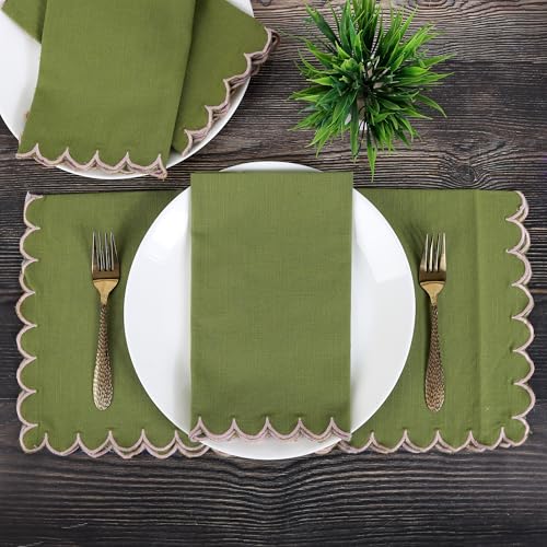 Image of FINGERCRAFT Scallop Edge Cloth Napkins | Set of 6 | 20x20 Inches | 100% Cotton | Table Napkins for Any Occasion | Washable, Perfect for Parties and Everyday Use (Olive Slub, Set of 6)