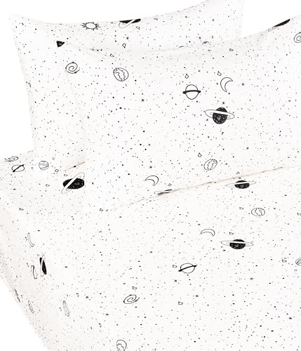 Image of Scientific Sleep Starry Galaxy Solar System 100% Cotton 4 Pcs Queen Bed Sheet Set Kids Toddler Teen, Flat Sheet & Fitted Sheet & Pillowcase Kids Bedding Set (Galaxy, Queen)
