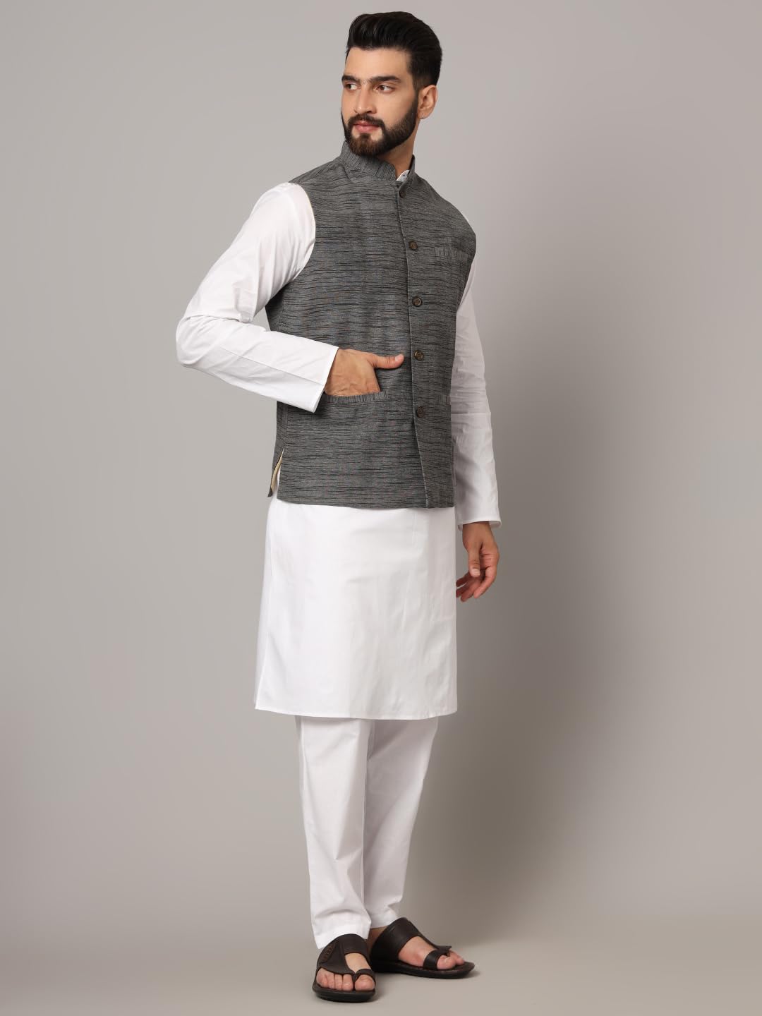 LATEST CHIKAN Men's Nehru Jacket/Waistcoat Sophisticated Ethnic Wear - SADRI-DK-GY-46 - Image 3 thumbnail