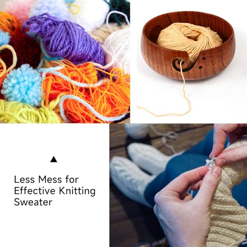 Image of Wooden Yarn Bowl, 8 inch x 3 inch Knitting Tool with Holes, Handmade Rounded Edge for Crocheting, Storage Holder for DIY Sewing Supplies