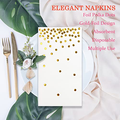 Dylives 100 Pack White And Gold Foil Polka Dots Confetti Guest Towel Napkins, Disposable Hand Towels Dinner Paper Napkins For Picnic Wedding Anniversary Birthday Cocktail Christmas Party Supply, 3-Ply #TOP2