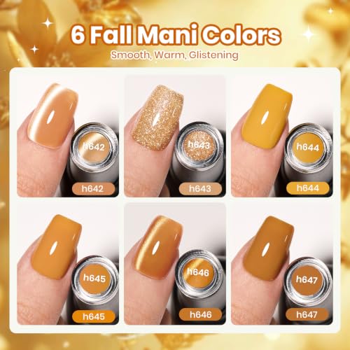 Image of Beetles Fall Gel Polish Set, Retro Honey Gold Glitter Cat Eye Soak Off Gel | 6 Colors Mustard Yellow Amber Brown With Shimmer And Magnetic Effects, UV LED Cure DIY Manicure