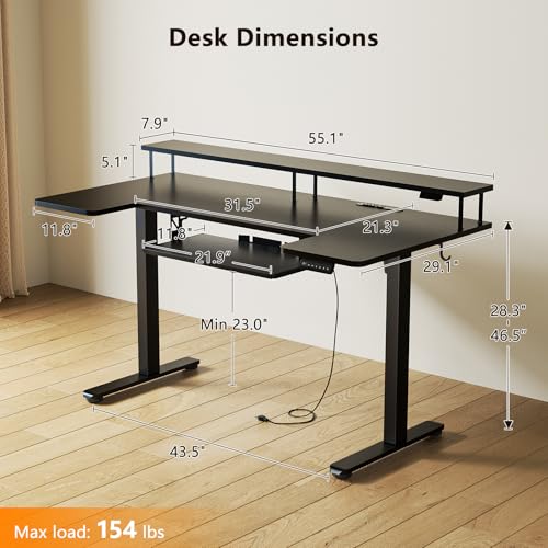 Image of OffiGo U Shaped Electric Standing Desk with Keyboard Tray, 55 Inch Height Adjustable Desk with Power Outlets & LED Lights, Sit Stand Table with Monitor Stand for Home, Office, Black