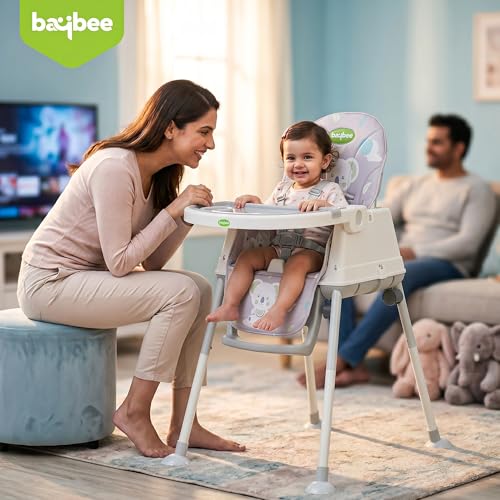 Image of Baybee 4 in 1 Convertible High Chair for Kids | Foldable Baby Feeding Chair with Safety Harness, Adjustable Tray, Booster Seat | Easy to Clean, Portable Dining Chair (Grey)