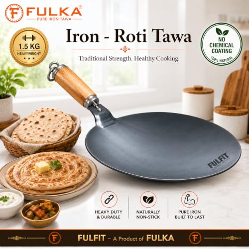 Image of Pure Iron Tawa for Roti /Chapati | Heavy Base Curved Loha Tawa with Rivet-Less Handle | Naturally Non-Stick & Chemical Free | Preseasoned with 100% Veg Oil | 1.5KG, 27CM / 10.6inch Concave