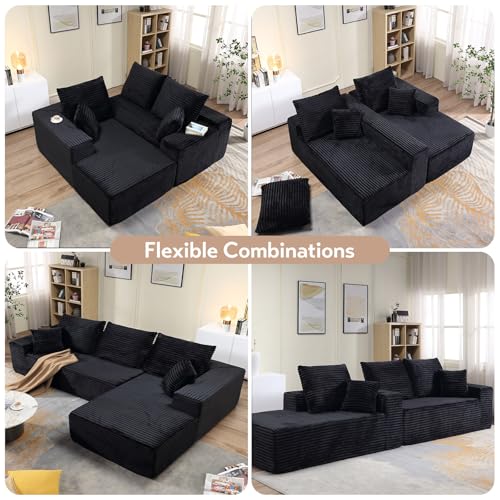 Image of 107 inch W Modular Sectional Sofa, Upholstered Corduroy Cloud Couch with Deep Seat, Modern 3-Seater L-Shaped Sofa for Living Room, No Assembly Required (Black, Right-Facing Chaise)