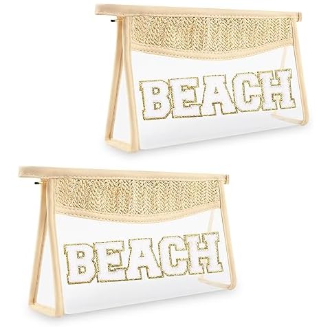 UIXIZQ 2 PCS Small Boho Straw Clear Beach Makeup Bags for Women&Girls, Zipper Cosmetic Bag Chenille Varsity Letter Patch Bag, Preppy Cute Toiletry Pouch, Trendy Organizer Storage Bag for Beach Travel Cover