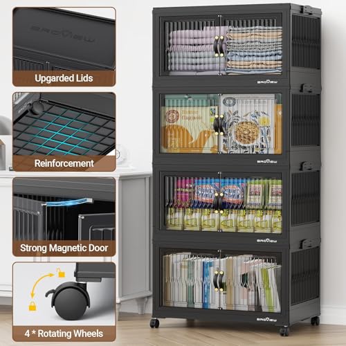 360Qt Stackable Storage Bins with 3 Lids, Extra Large Closet Organizer Collapsible Drawer Boxes with Wheels, Folding Plastic Cabinet Containers for Home Kitchen Room Organization, 3Pack Black